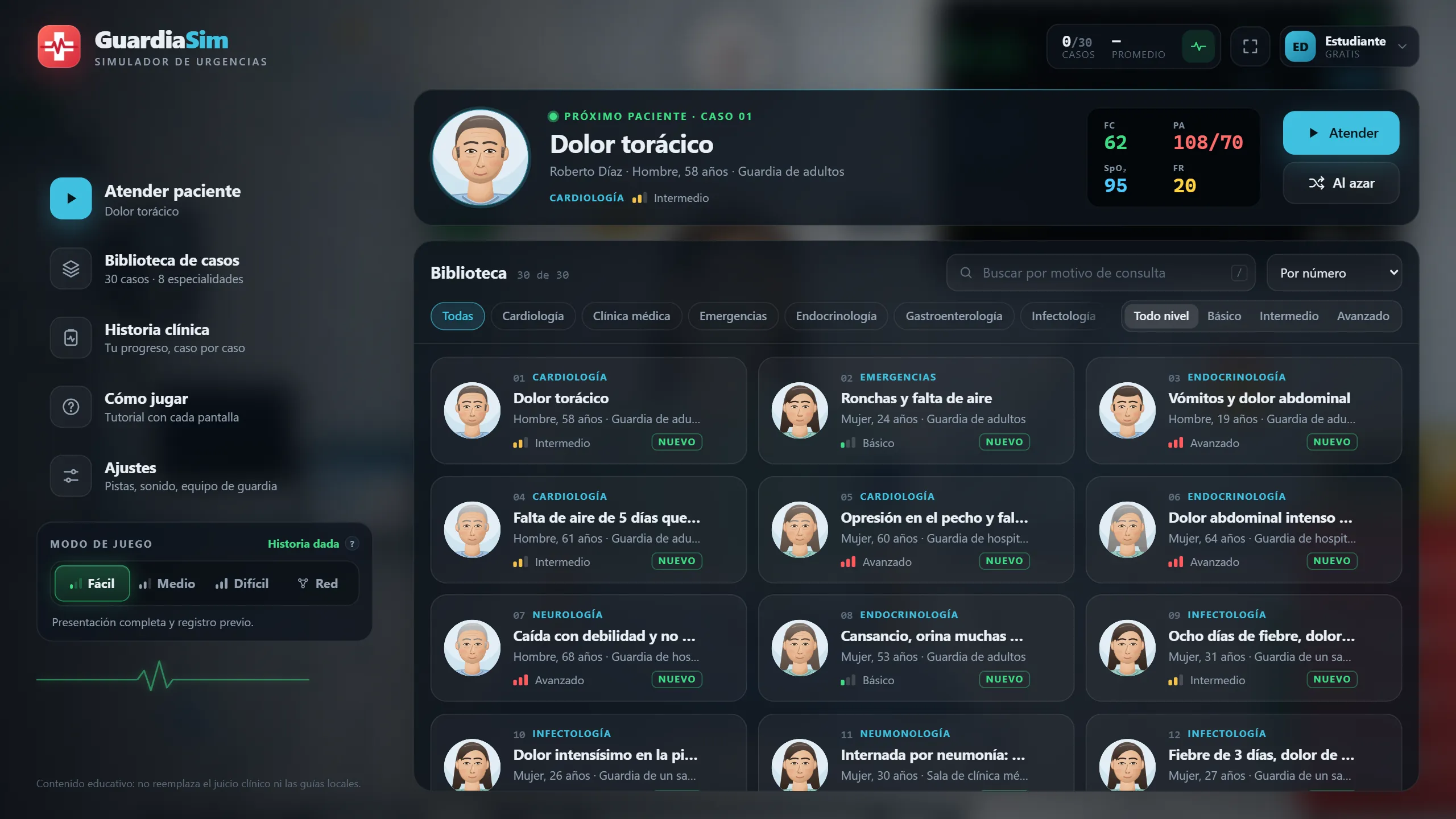 Pantalla de inicio con el próximo paciente, la biblioteca de casos y el selector de modo de juego.